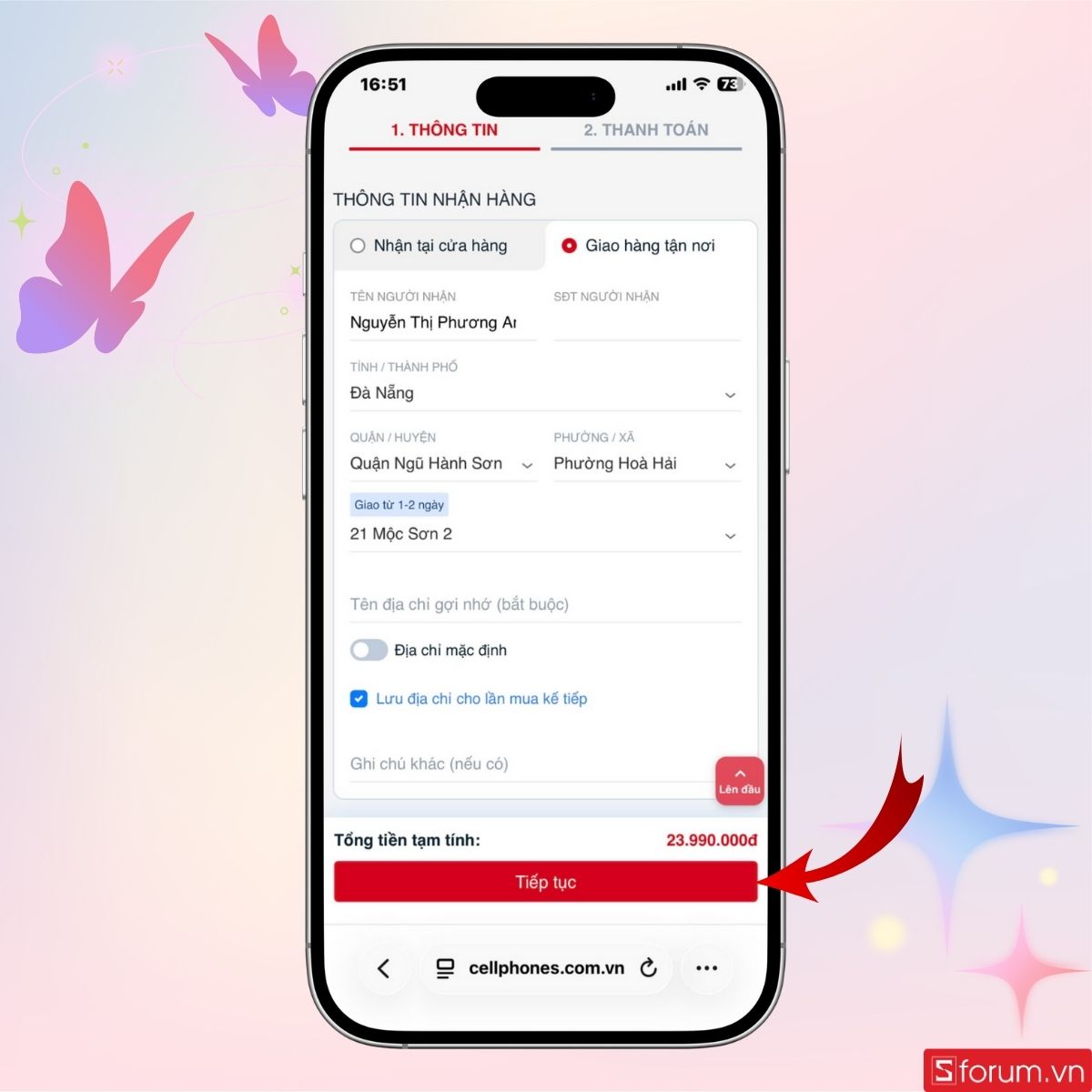 Nhập thông tin địa chỉ nhận hàng