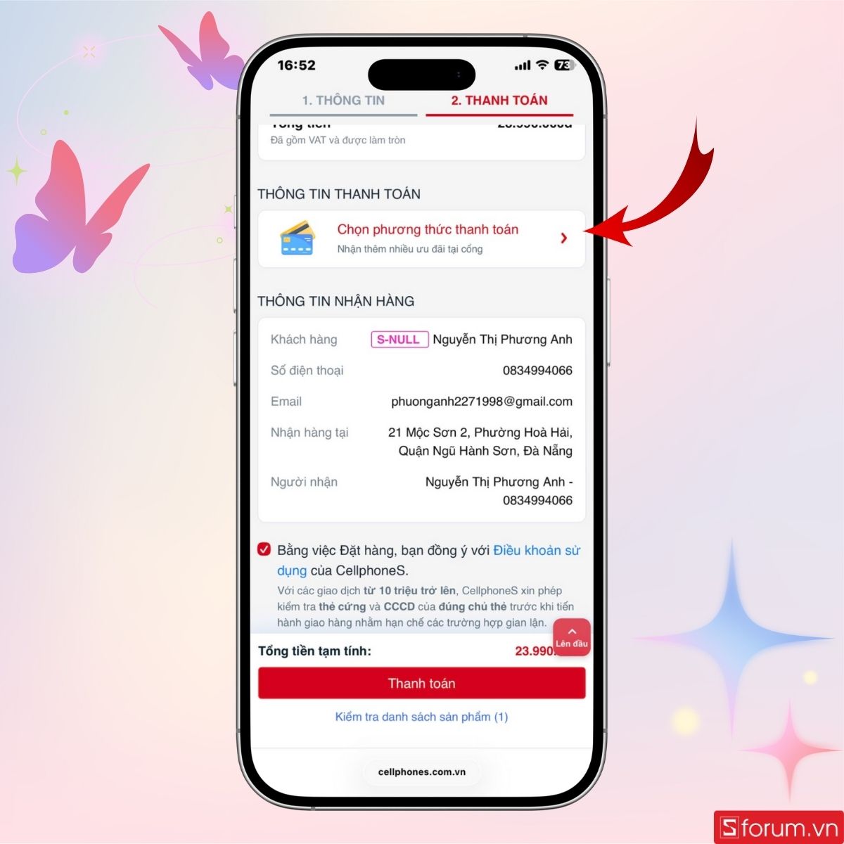 Chọn phương thức thanh toán trên CellphoneS