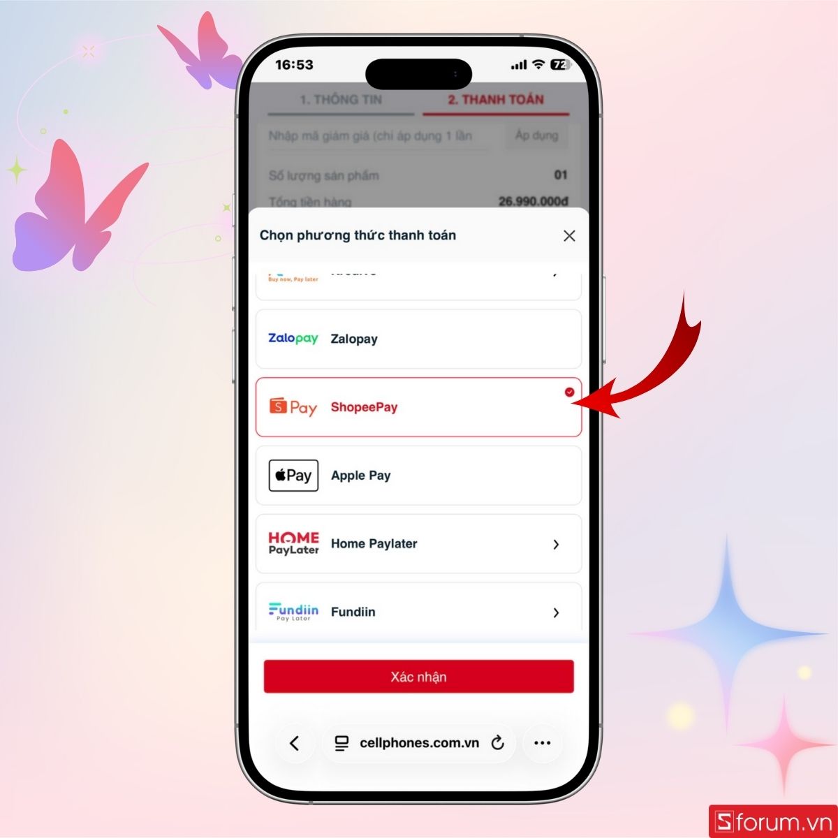 Nhấn chọn phương thức ShopeePay