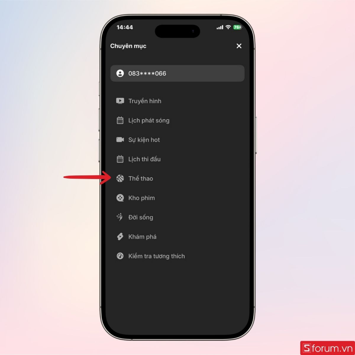 Truy cập vào mục Thể Thao