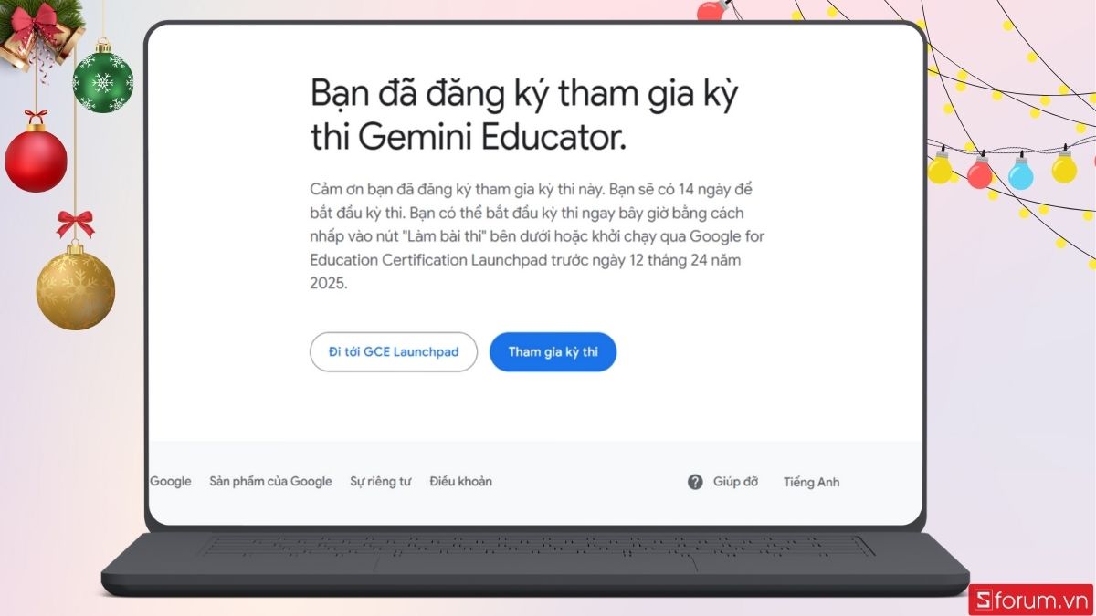 Giao diện đăng ký thi thành công