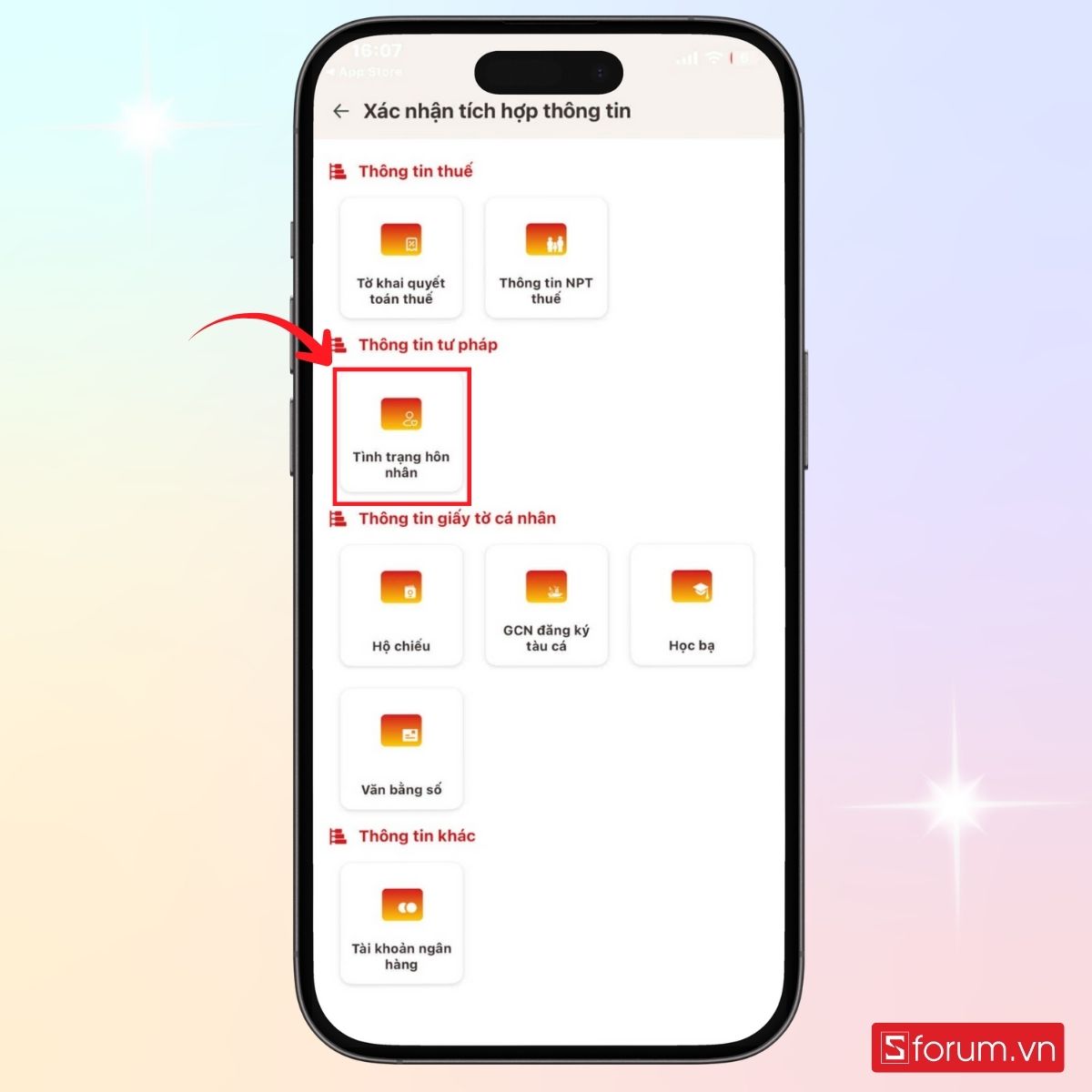 Chọn mục tình trạng hôn nhân