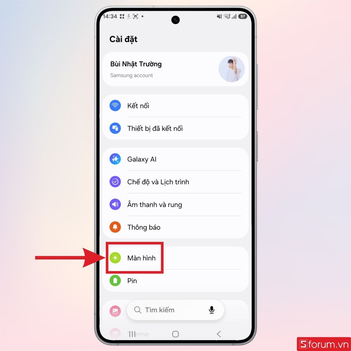 Nhấn chọn Màn hình để tiếp tục