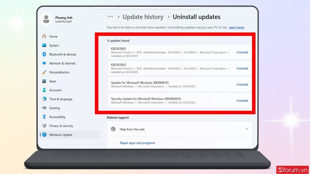 Chọn các bản cập nhật muốn xóa