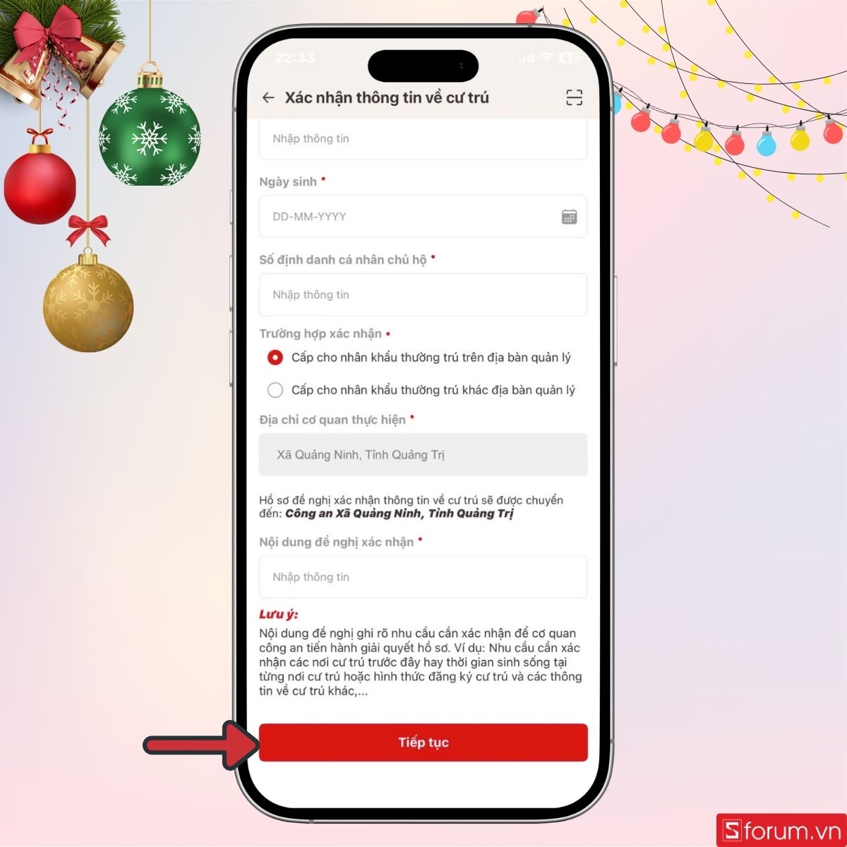 Sau khi hoàn tất nhấn tiếp tục để gửi yêu cầu