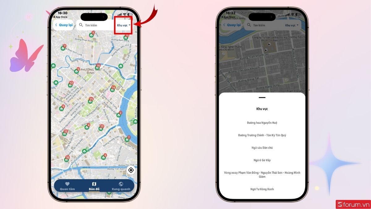 Nhấn vào Khu vực để chọn tuyến đường bạn muốn xem