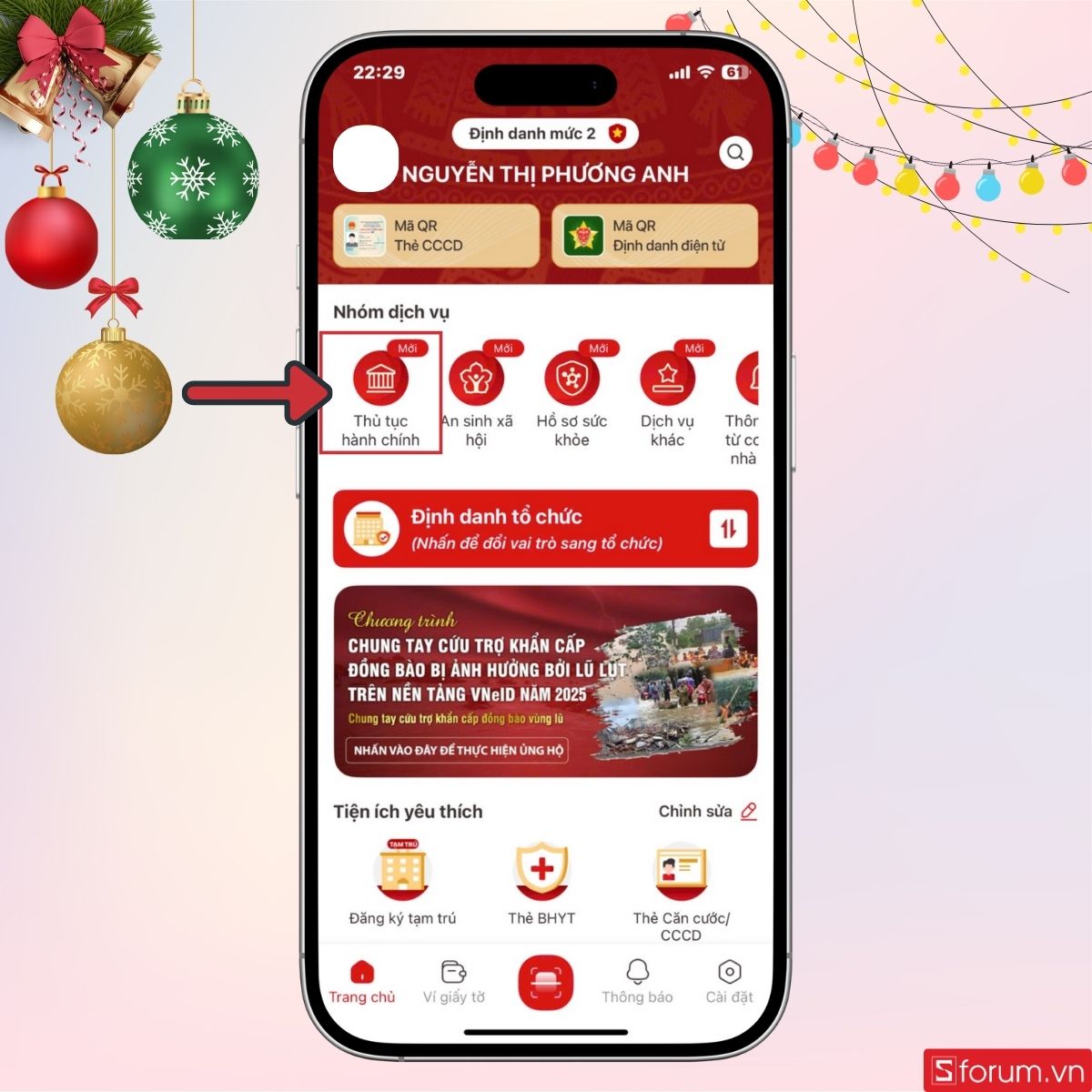 Nhấn vào Thủ tục hành chính trên giao diện chính VNeID