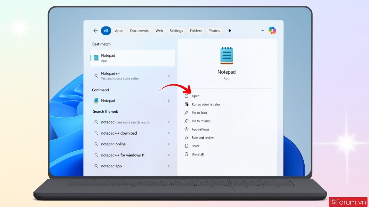 Mở ứng dụng Notepad 