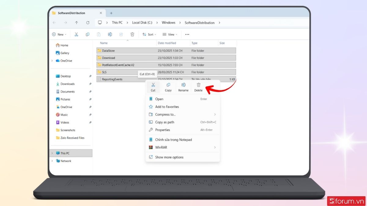 Xóa file update Win 11 trong thư mục SoftwareDistribution bước 4