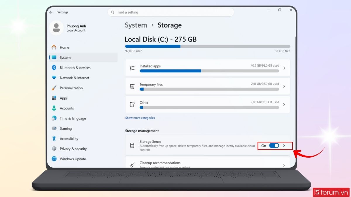 Kiểm tra dung lượng trống và bật Storage Sense tự động bước 1