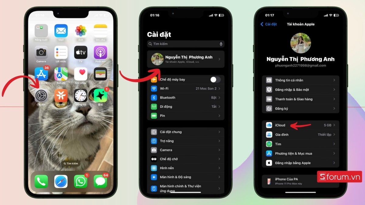 Vào mục iCloud trên cài đặt