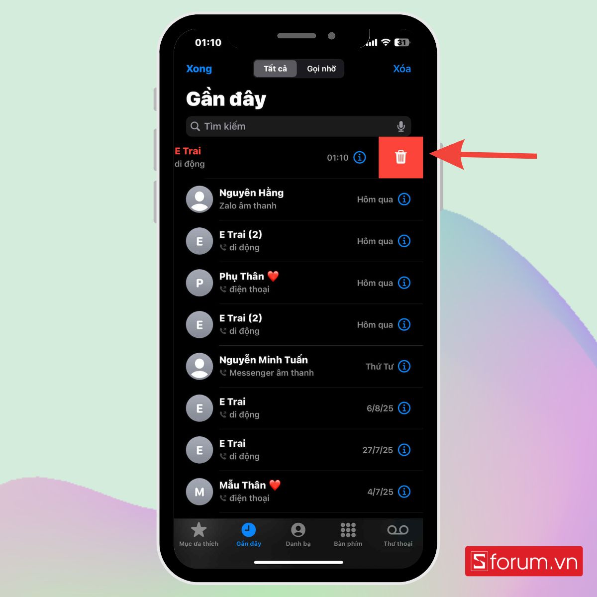 Vuốt từ phải sang trái để xóa SDT đơn lẻ