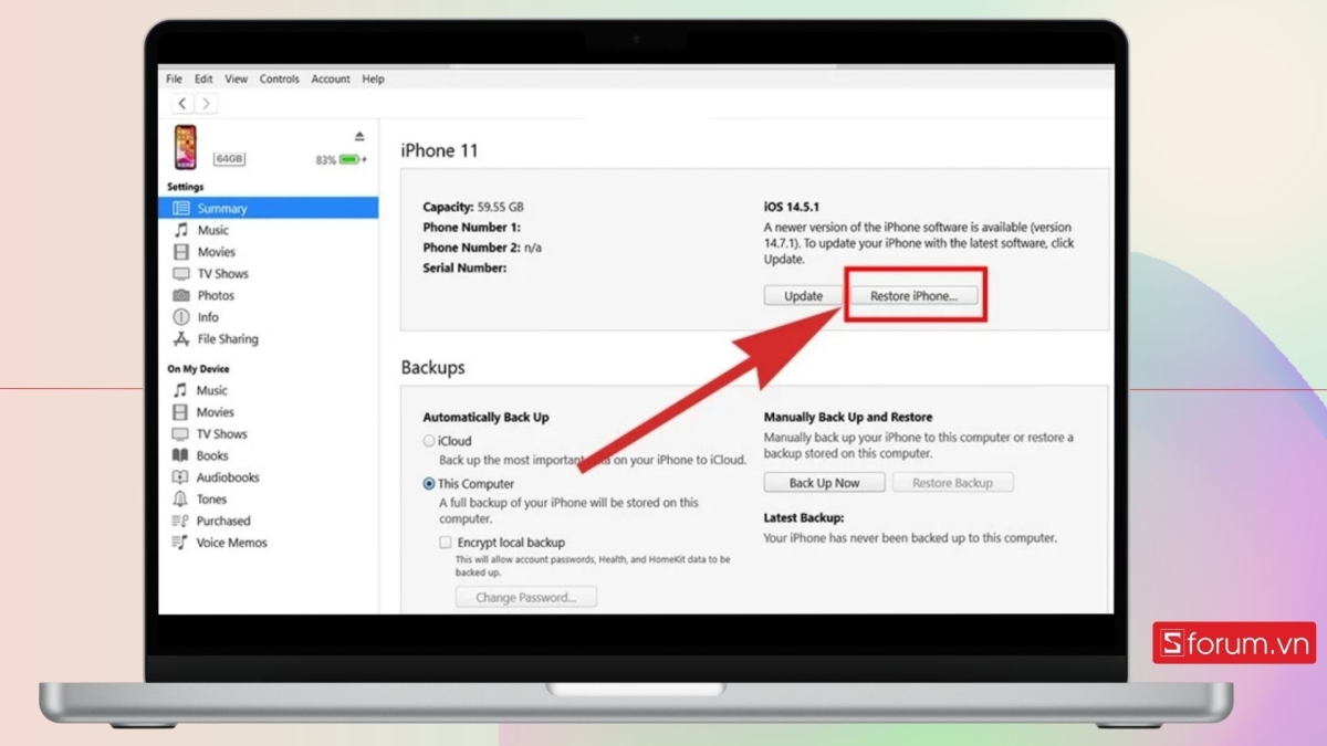 Chọn Restore iPhone để khôi phục bản sao
