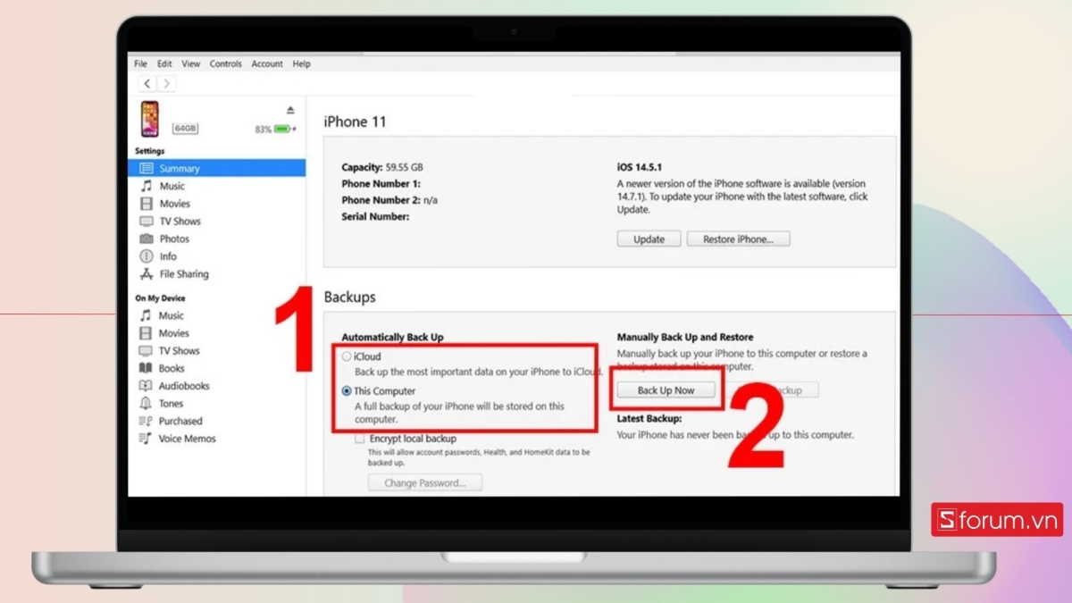 Các bước sao lưu dữ liệu trên iTunes