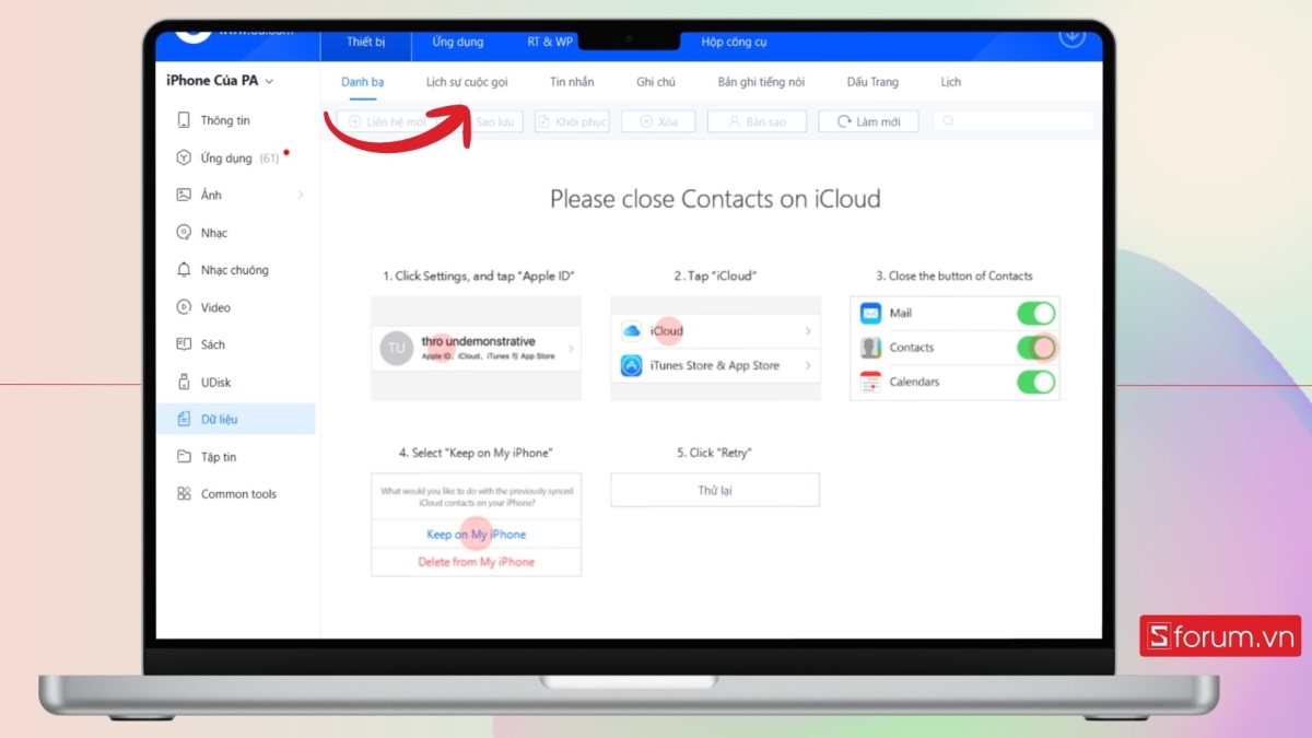 Nhấn vào lịch sử cuộc gọi để sao lưu