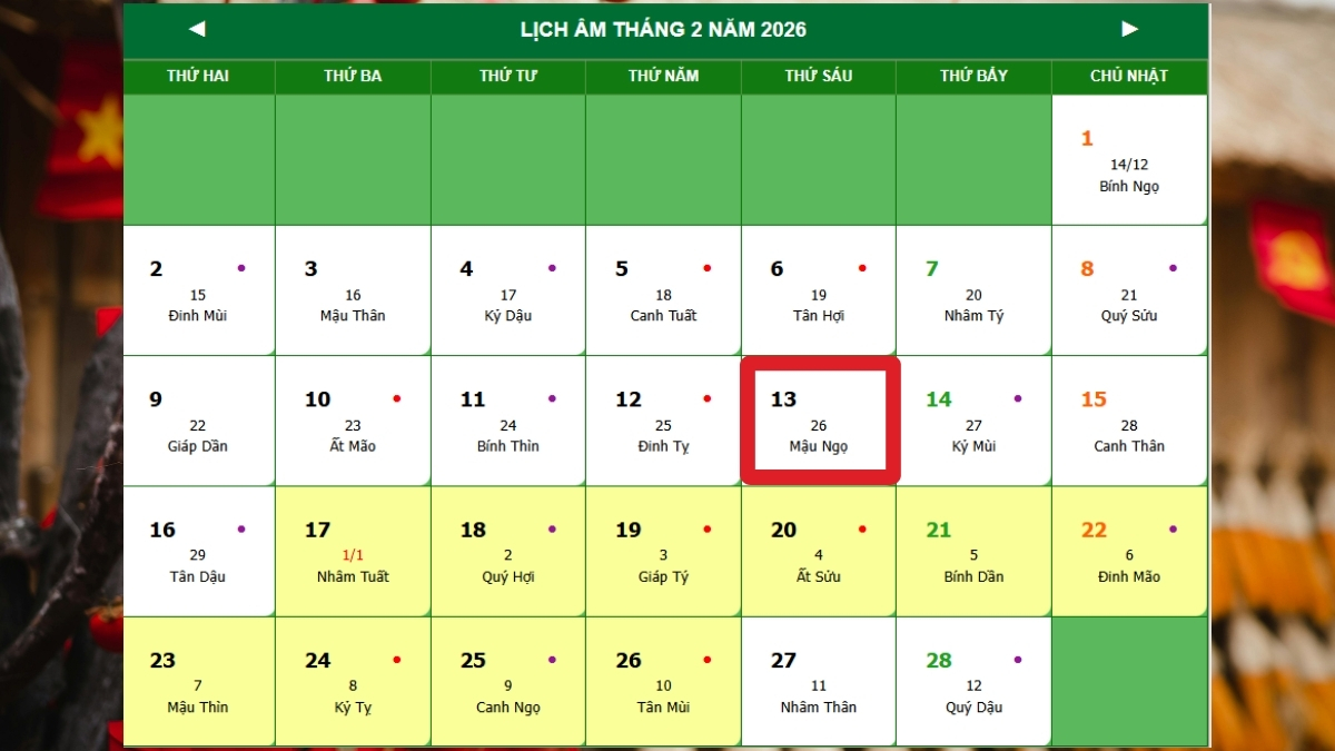 26 tết Âm lịch 2026 là ngày mấy Dương lịch?