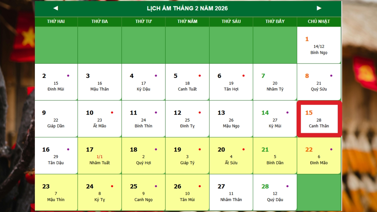 28 Tết 2026 là ngày mấy dương lịch? 28 Tết 2026 sẽ rơi vào đúng Chủ Nhật ngày 15 tháng 2.
