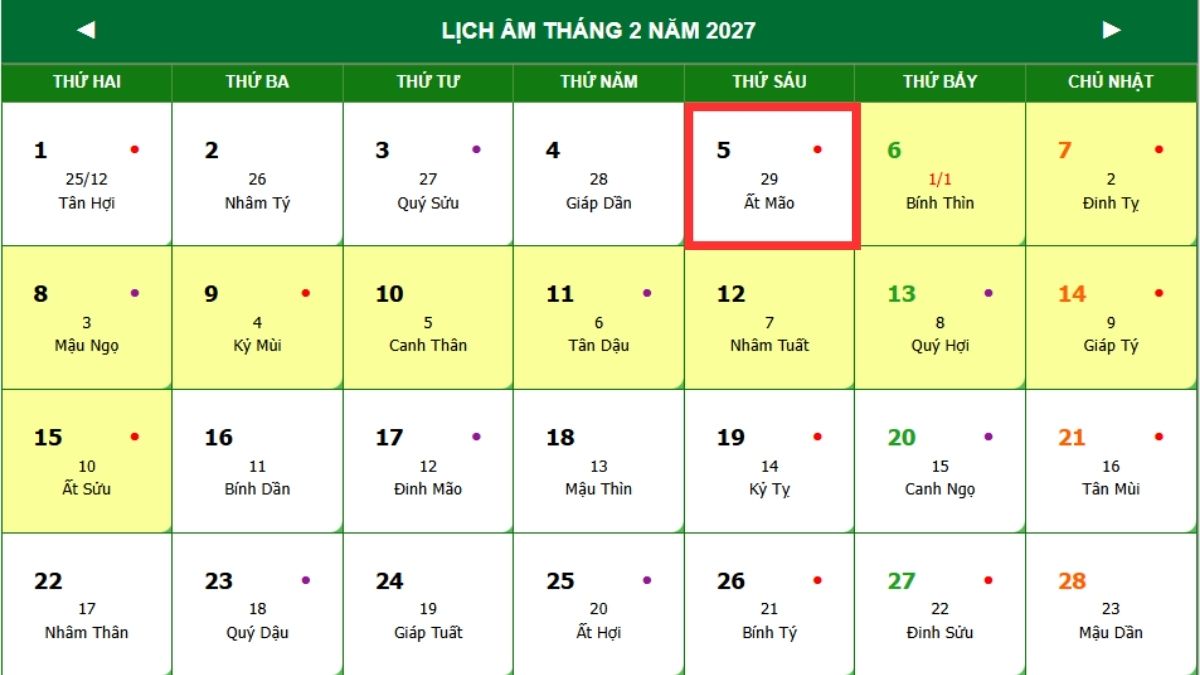 29 Tết Nguyên Đán 2026 là ngày mấy Dương lịch?