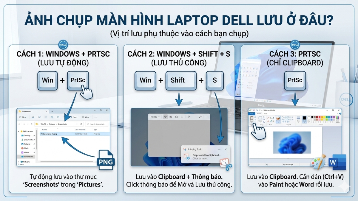 Vị trí lưu ảnh chụp màn hình trên máy tính, laptop Dell phụ thuộc vào phương pháp bạn sử dụng