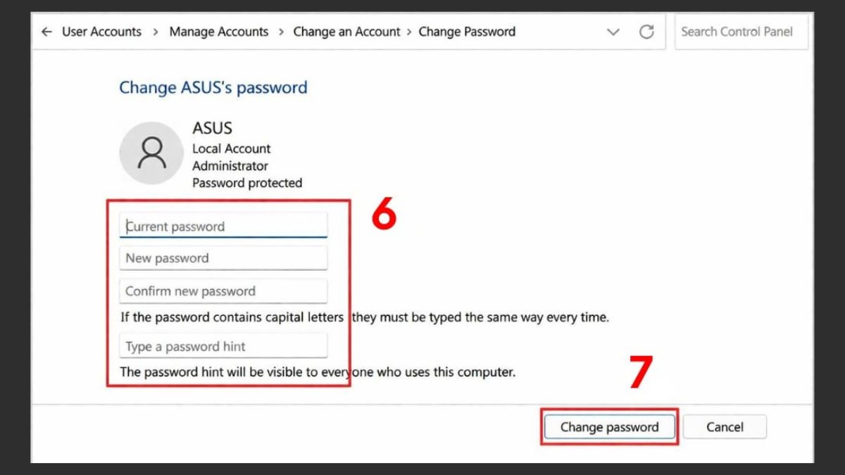 Cách đặt mật khẩu máy tính Windows 11 qua Control Panel bước 5