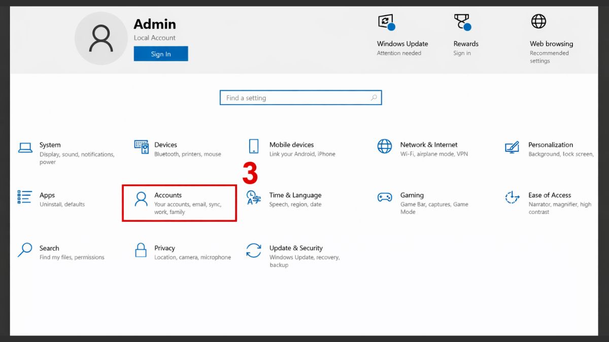 Cách đặt mật khẩu máy tính Windows 10 qua Settings bước 2
