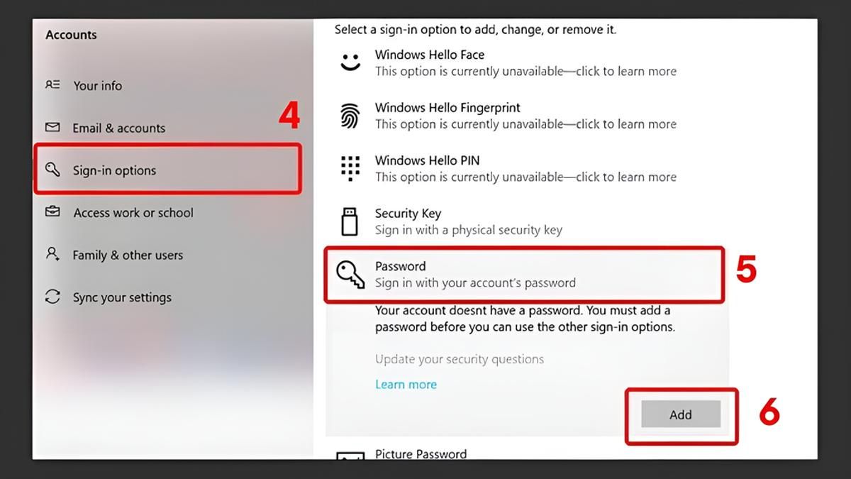 Cách đặt mật khẩu máy tính Windows 10 qua Settings bước 3