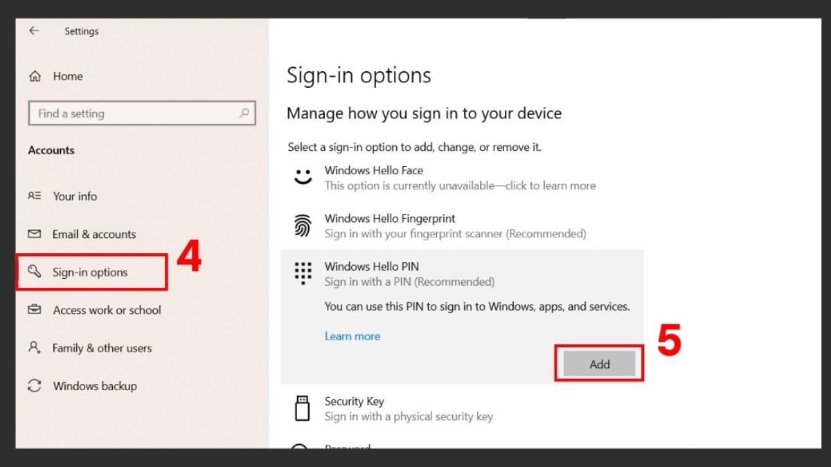 Cách đặt mật khẩu máy tính Windows 10 qua cài đặt PIN bước 3