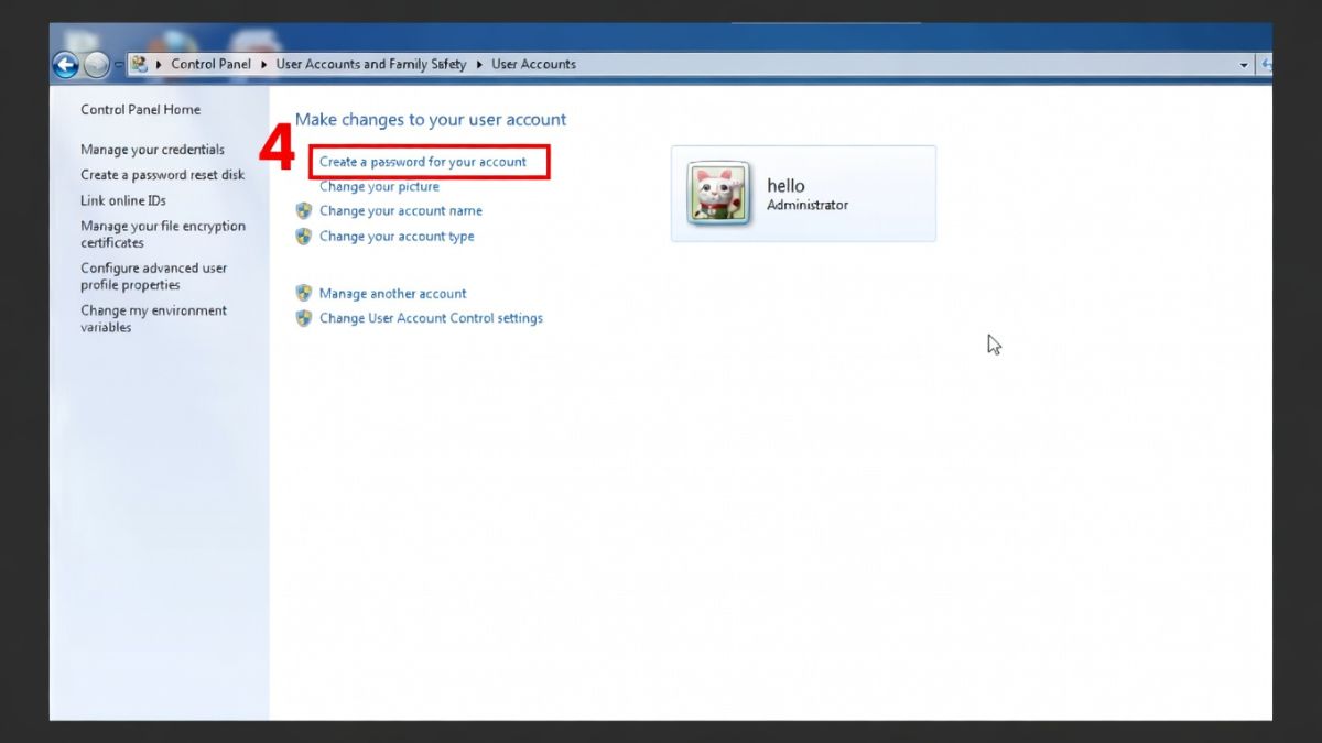 Cách cài mật khẩu máy tính Windows 7 bằng Control Panel bước 3