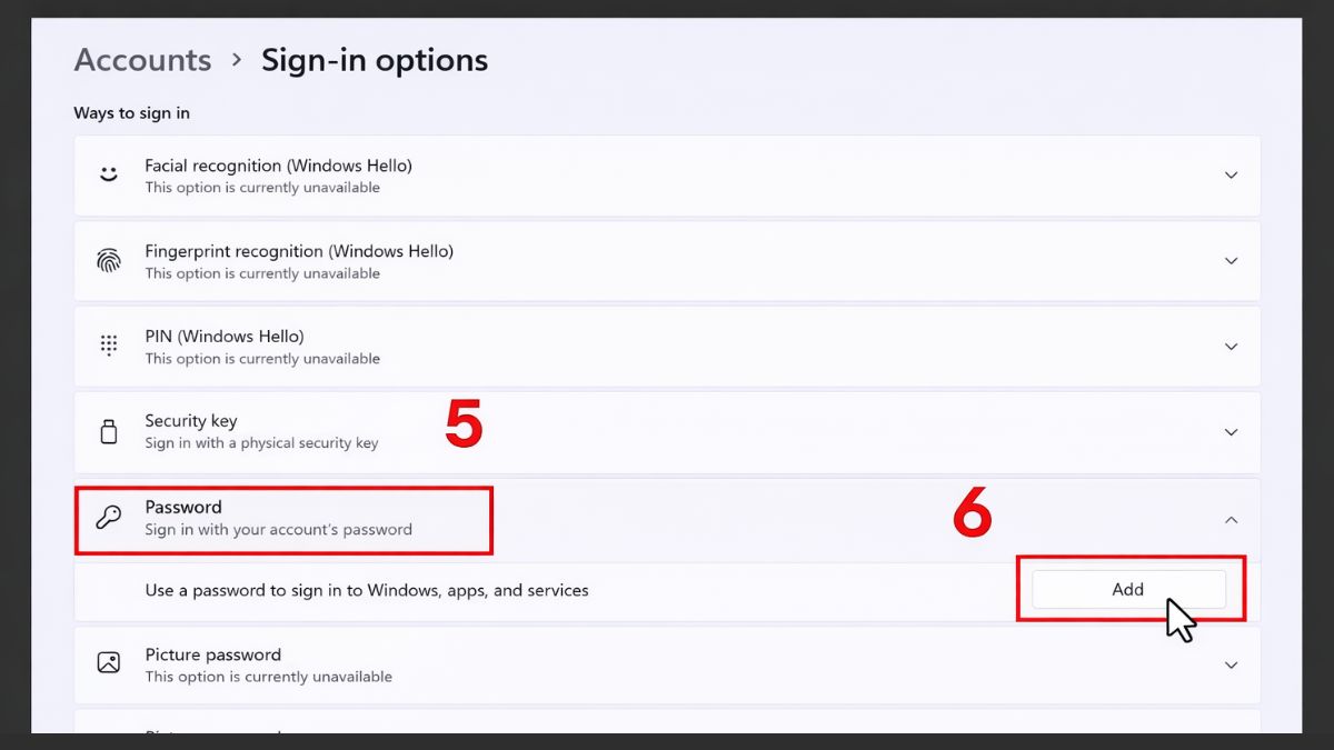 Cách đặt mật khẩu máy tính Windows 11 qua Setting bước 3