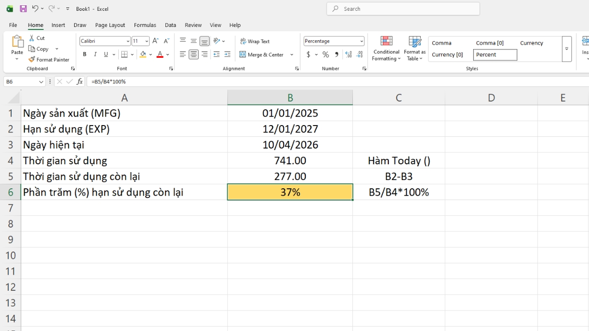 Ví dụ minh họa cách tính phần trăm hạn sử dụng còn lại trong Excel