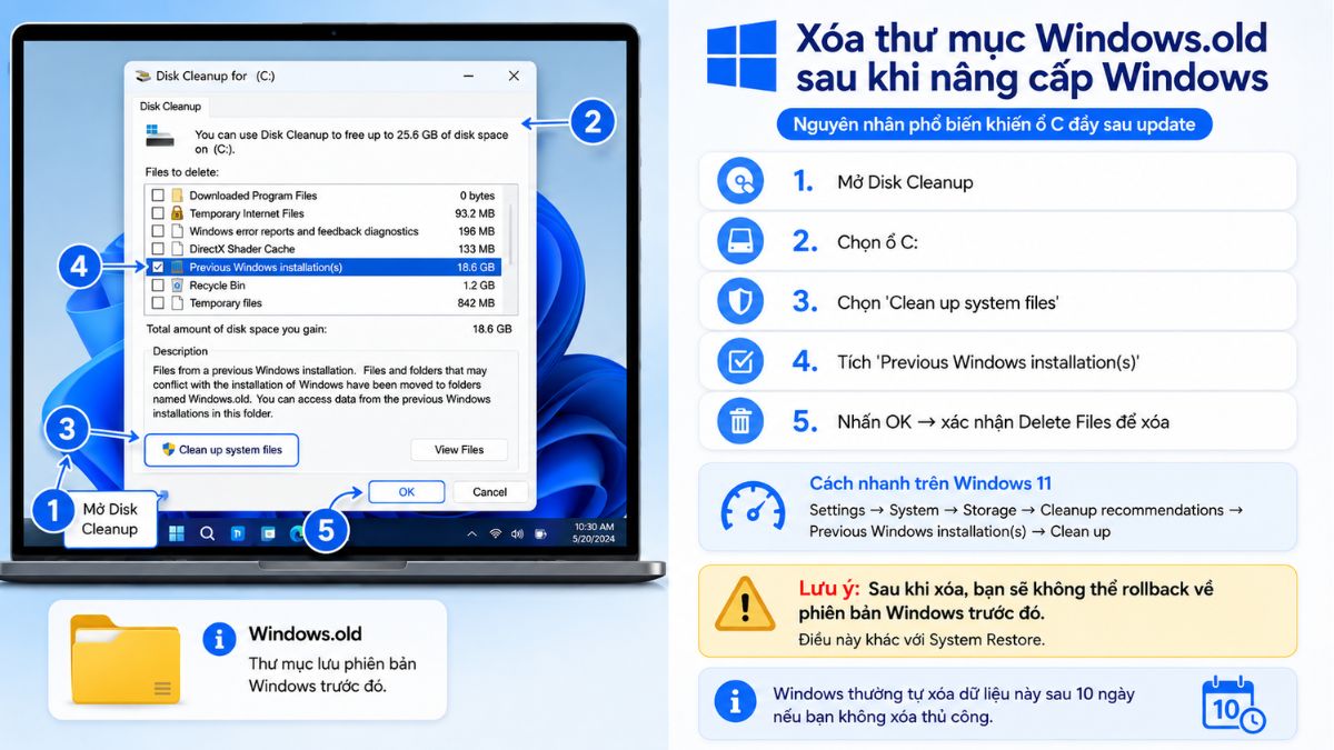 Cách xóa Windows.old bằng Disk Cleanup để dọn dẹp ổ C bị đầy