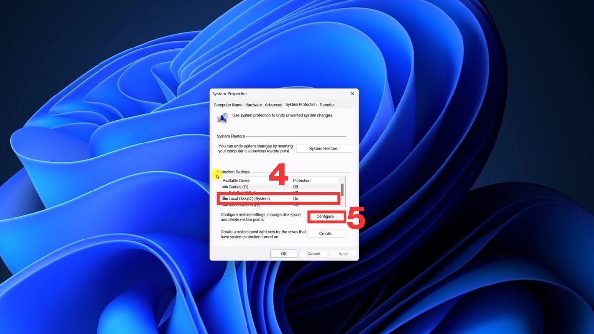 Cách dọn dẹp ổ C bị đầy: Giảm dung lượng System Restore bước 2