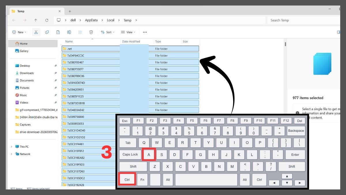 Cách dọn dẹp ổ C bị đầy: Xóa file tạm bằng lệnh %temp% bước 2