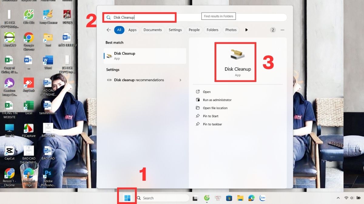 Cách dọn dẹp ổ C bị đầy: Dùng Disk Cleanup xóa file hệ thống bước 1
