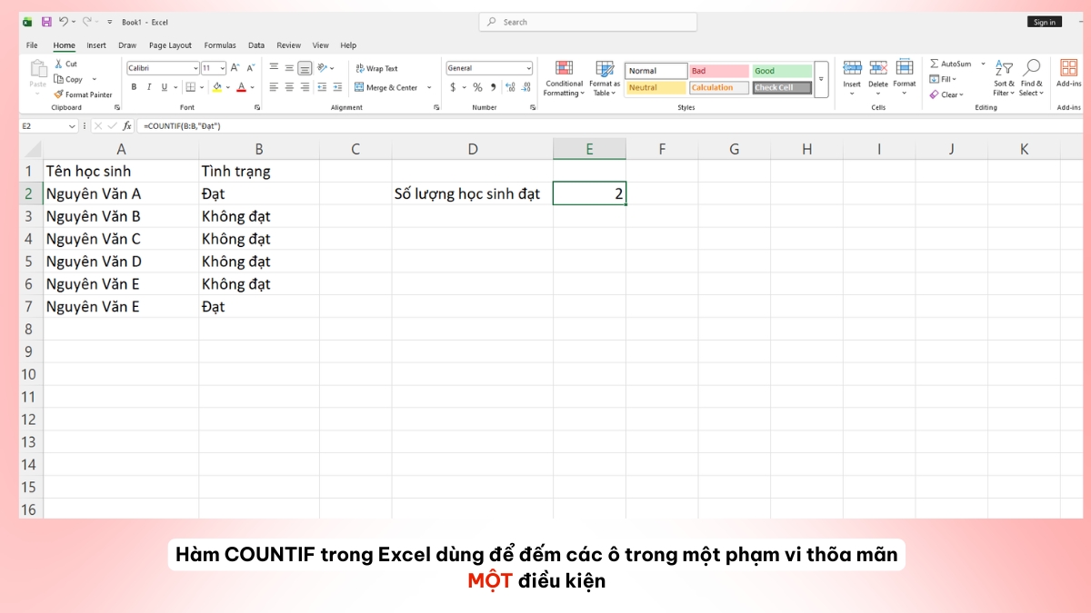 Hàm COUNTIF trong Excel dùng để đếm các ô trong một phạm vi thõa mãn MỘT điều kiện.