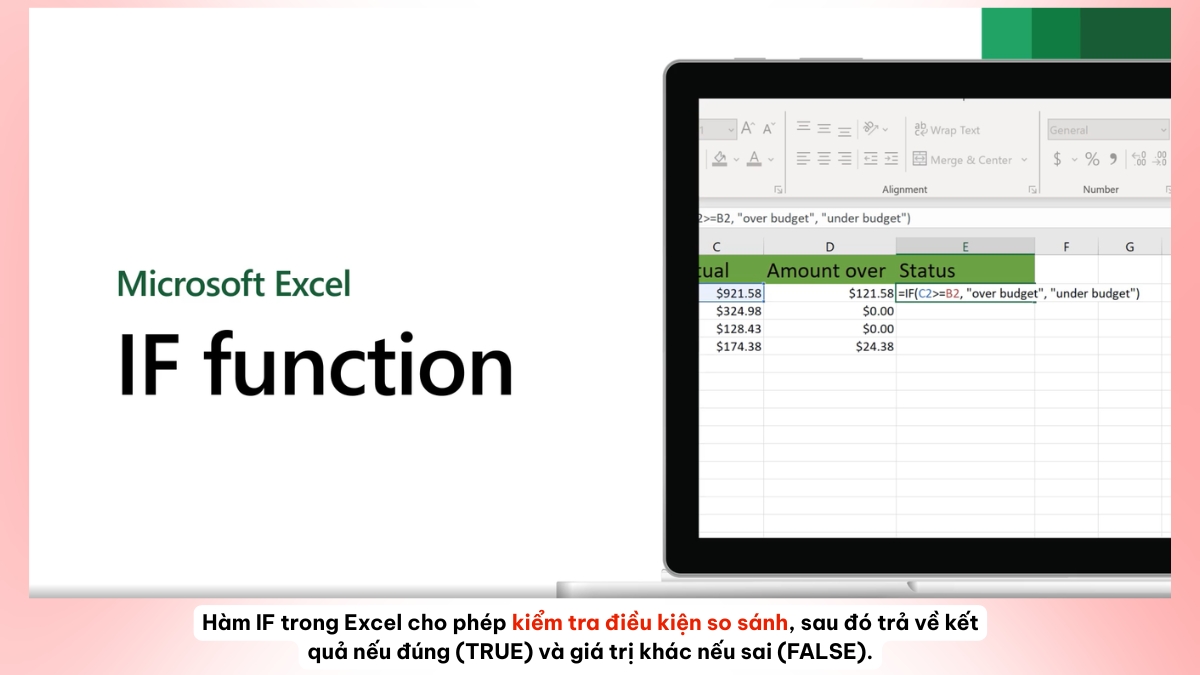 Hàm IF trong Excel là một hàm logic cơ bản cho phép kiểm tra điều kiện so sánh, sau đó trả về kết quả nếu đúng (TRUE) và giá trị khác nếu sai (FALSE).