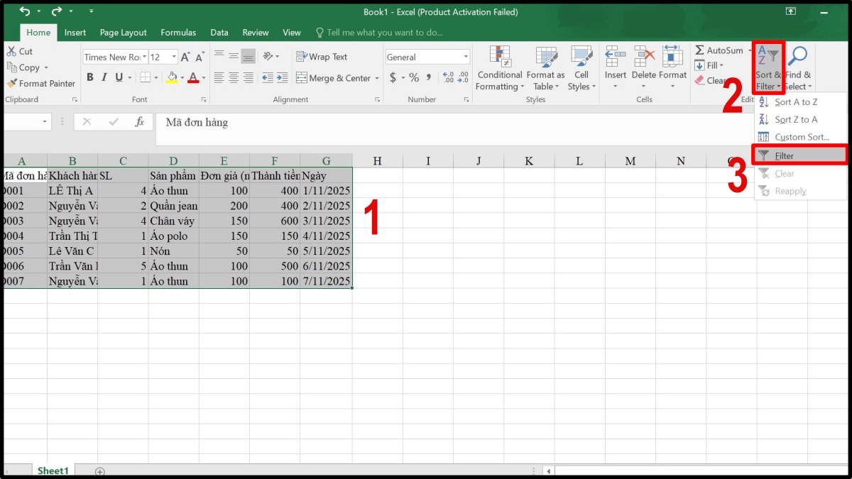 Ứng dụng SUBTOTAL trong bảng lọc dữ liệu bước 1