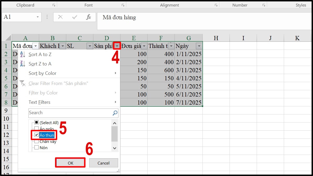 Ứng dụng SUBTOTAL trong bảng lọc dữ liệu bước 2