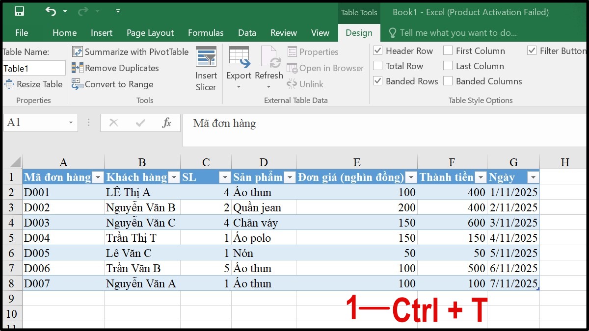 Kết hợp SUBTOTAL với AutoFilter và Table bước 1