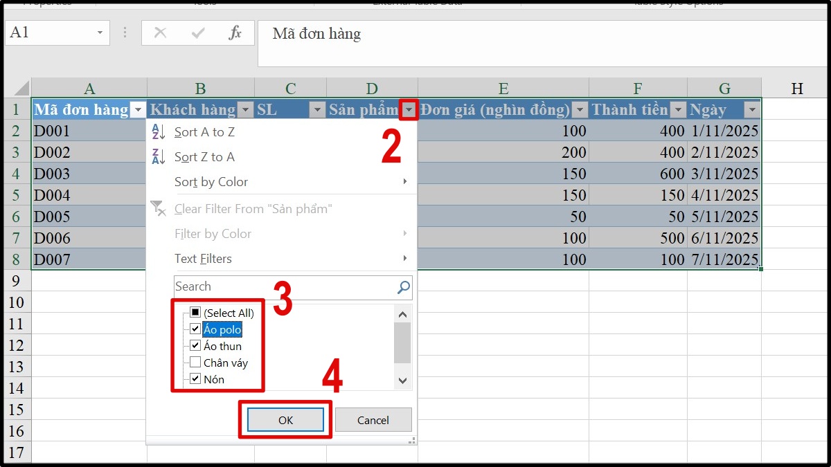 Kết hợp SUBTOTAL với AutoFilter và Table bước 2