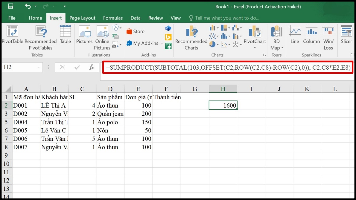 kết hợp SUBTOTAL với hàm SUMPRODUCT