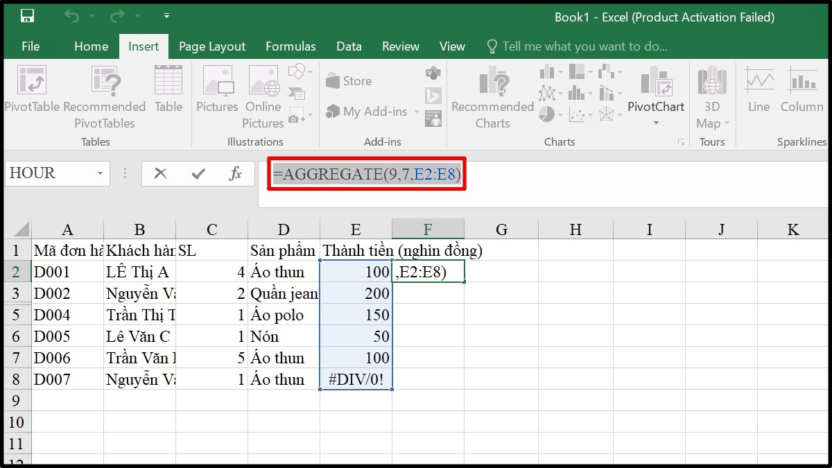 kết hợp SUBTOTAL với hàm AGGREGATE