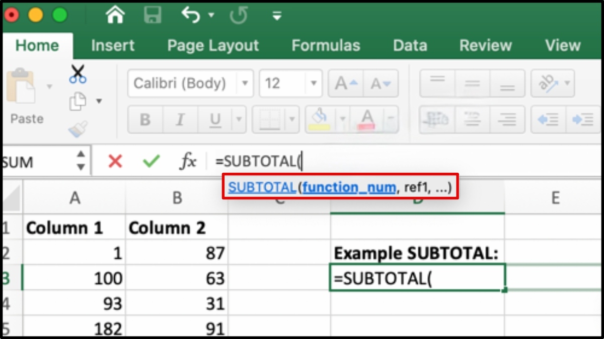 Danh sách đối số trong hàm SUBTOTAL