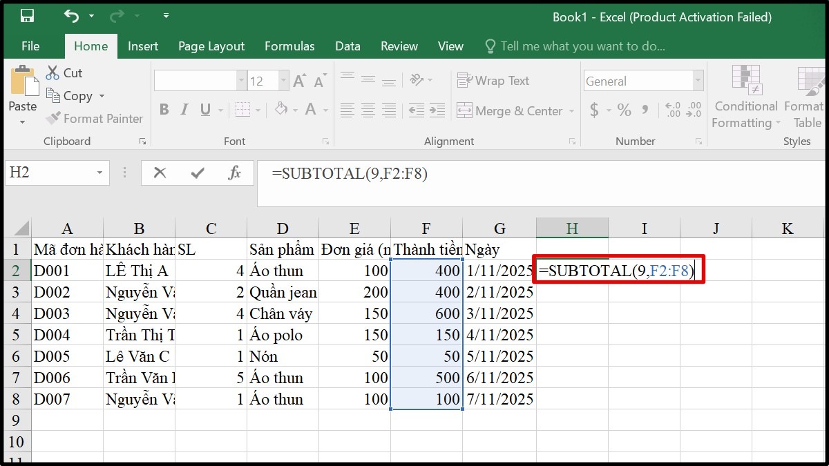 Cách sử dụng hàm SUBTOTAL trong Excel để tính tổng, trung bình