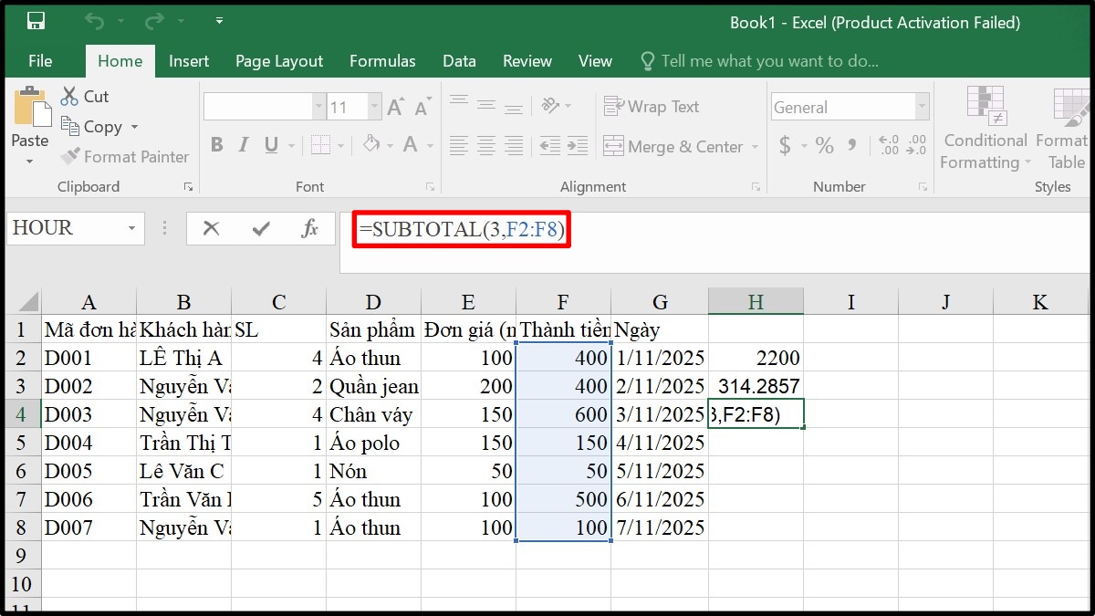 Cách sử dụng hàm SUBTOTAL trong Excel để tính tổng, trung bình