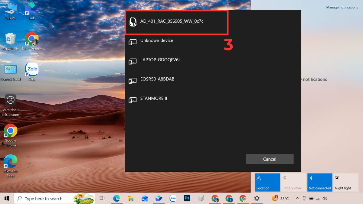 Cách kết nối tai nghe Bluetooth với máy tính Windows 10 qua Action Center bước 3