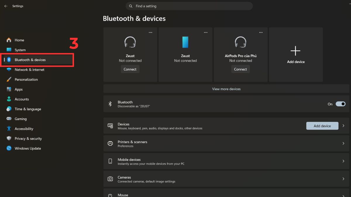 Cách kết nối tai nghe Bluetooth với máy tính Windows 11 qua Settings bước 2