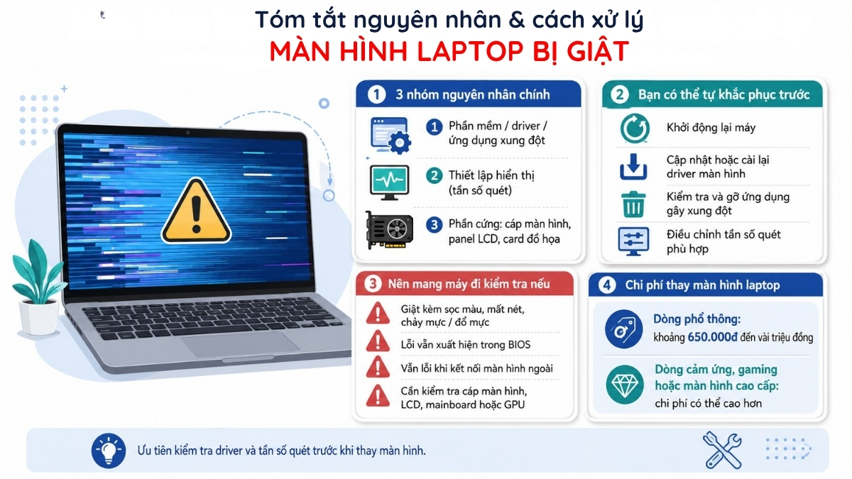 Tóm tắt nhanh nguyên nhân và cách khắc phục màn hình laptop bị giật