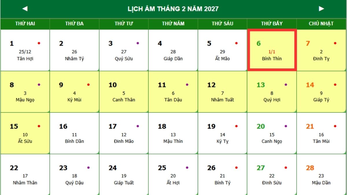 Ngày mùng 1 Tết 2027 là ngày mấy dương lịch?