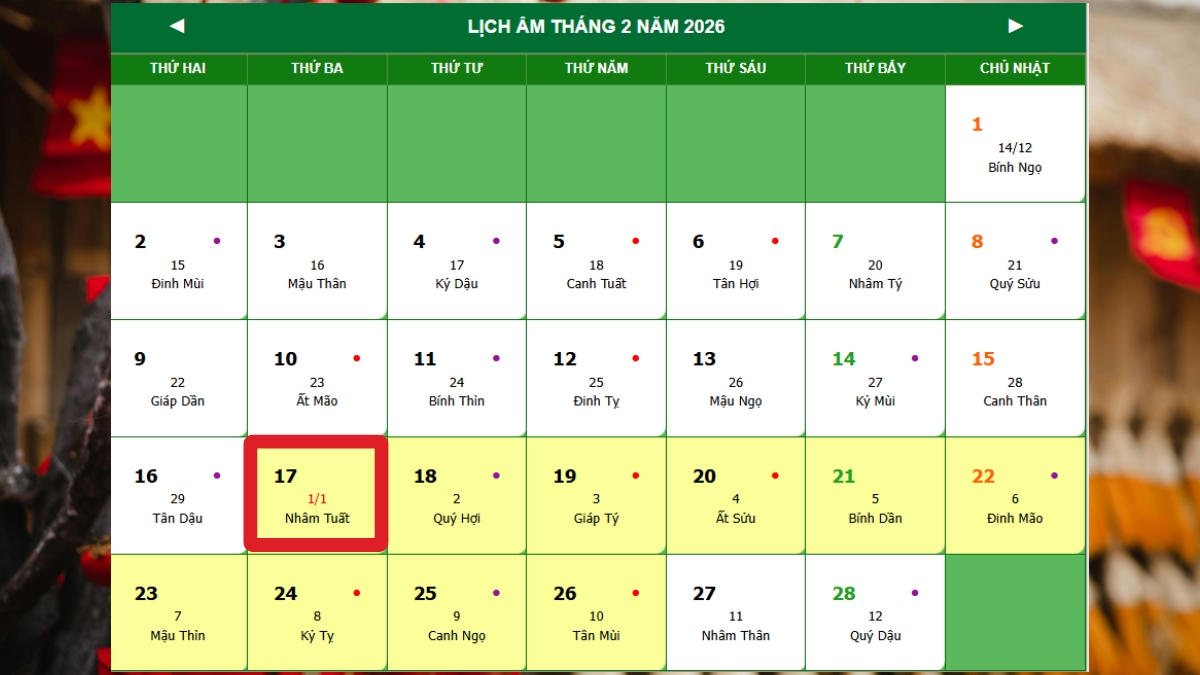 Ngày mùng 1 Tết 2026 là ngày mấy dương lịch?